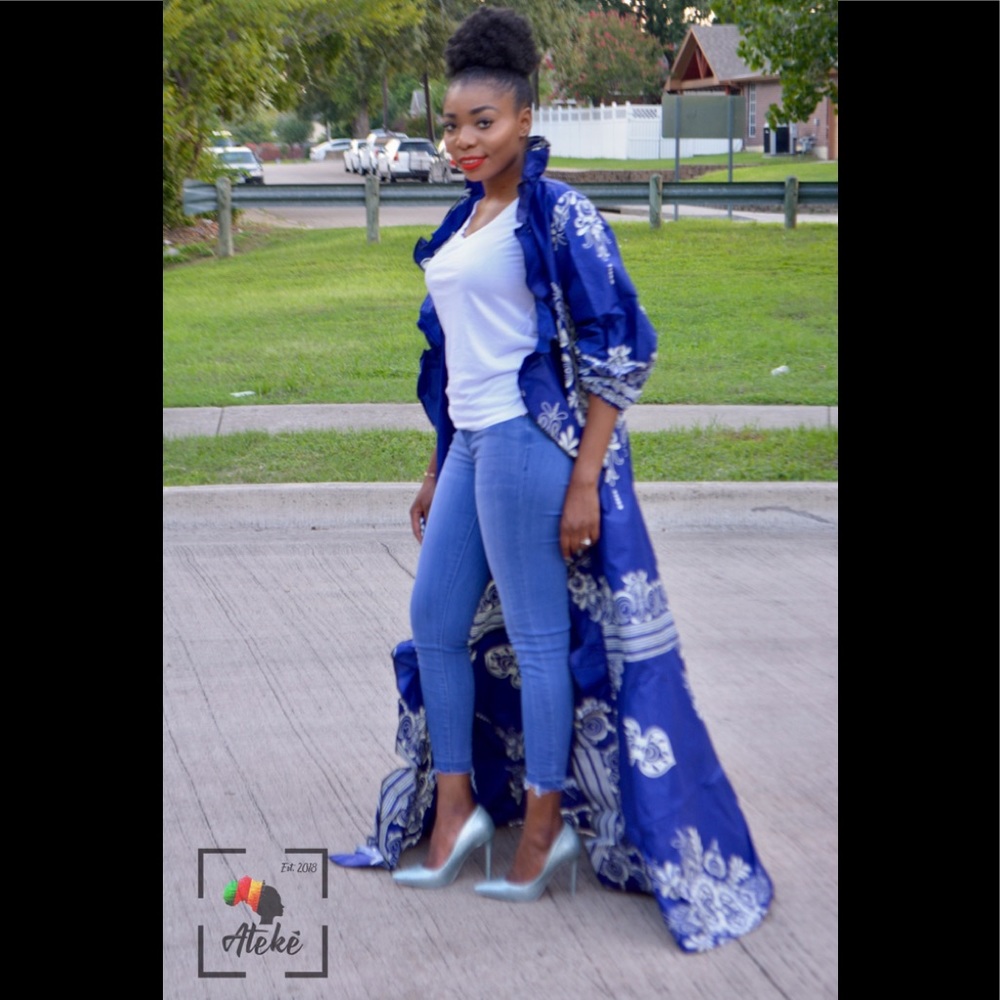 Long vibrant African print duster w/puffy sleeves